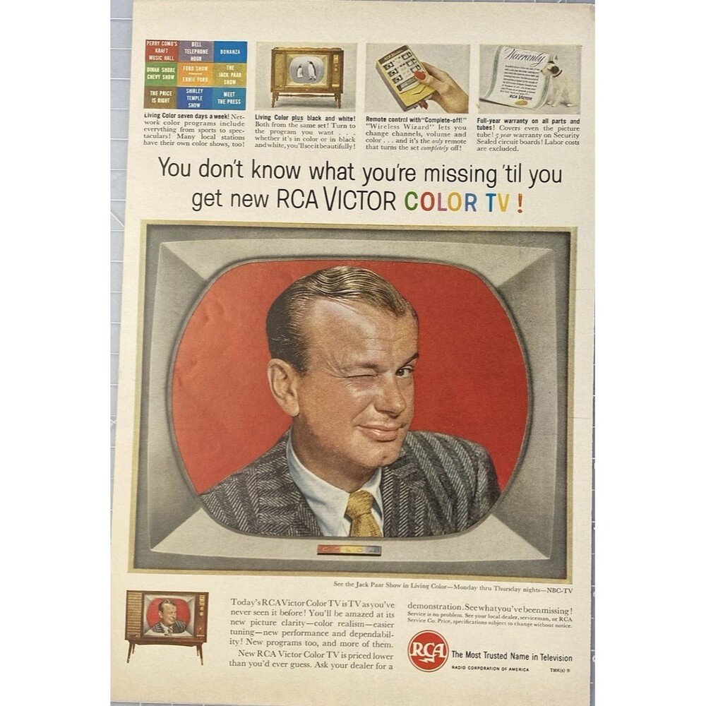 RCA Victor Color TV "Jack Paar Show in Living Color" Vintage Print Ad 1961